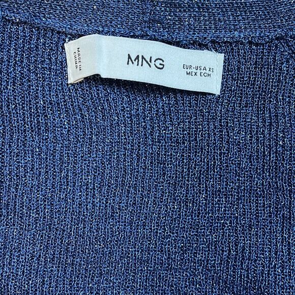 MNG by Mango Blue Shimmer Knit Sweater Pullover V Neck Size Xtra Small Sparkle - Picture 3 of 5